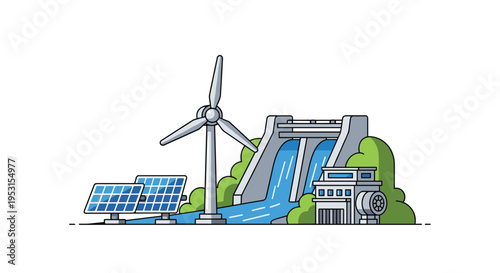 A landscape features a wind turbine, two solar panels, and a hydroelectric dam with blue water flowing over it.