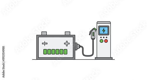A large car battery with green charge segments is connected by a cable to an electric vehicle charging station.
