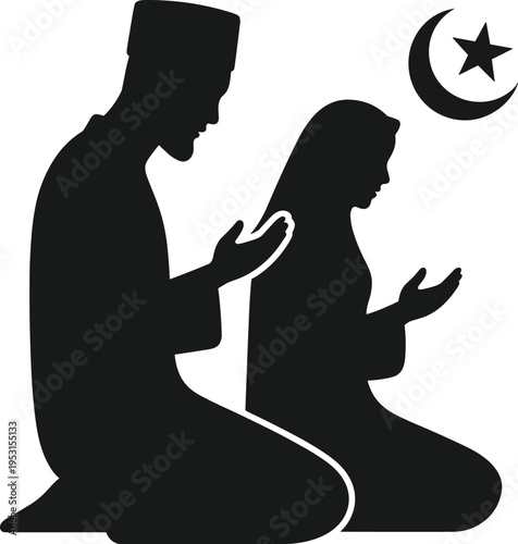 Black silhouette vector of a Muslim man and woman praying together in kneeling position under a crescent moon and star