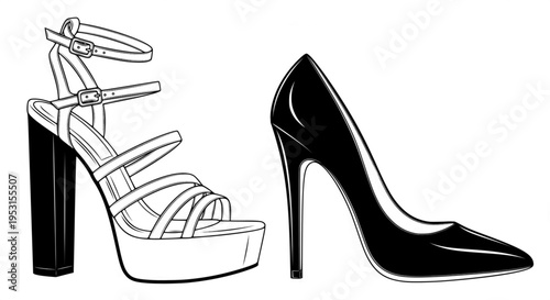 Two elegant high-heeled shoes, a platform sandal and a stiletto pump
