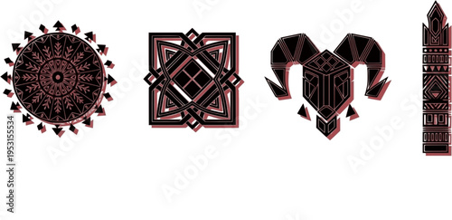 Four Geometric Maroon Symbols with Tribal and Ethnic Motifs
