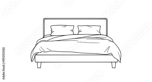 Minimalist Line Art of a Double Bed with Pillows and Duvet
