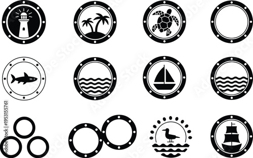 Nautical Porthole Icon Set with Sea Life Lighthouse Sailboat and Palm Trees Black Vector Silhouettes Isolated on White for Maritime Design