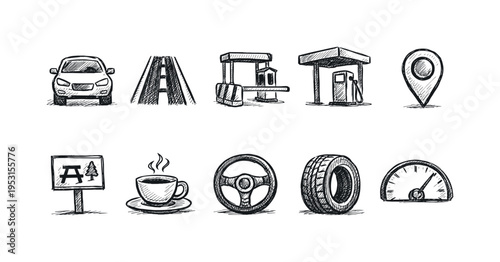 Collection of hand-drawn icons representing road trip elements and car travel essentials