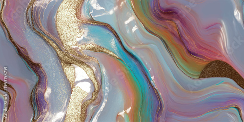 Luxury liquid marble seamless pattern with gold glitter veins and pastel gradients for home decor, packaging, and stationery.