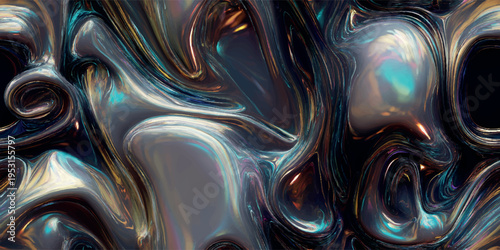 Molten iridescent metal seamless pattern with dark holographic reflections for luxury branding, packaging, and digital art.