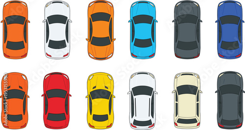 Car collection from top view with colorful sedan, hatchback, and sports cars for city traffic, parking, and transport flat vector illustration (21 words)