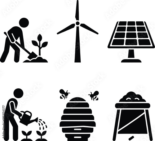 Sustainable lifestyle icon set featuring a gardener planting sprouts wind turbine solar panel watering plants beehive and organic compost bin silhouettes.