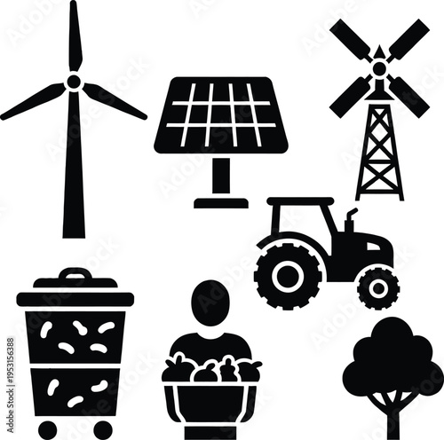 Eco friendly agriculture icon set featuring wind turbine solar panel windmill tractor compost bin farmer with harvest and green tree silhouettes.