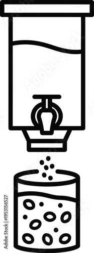 Linear vector icon showing a liquid dispenser pouring a refreshing beverage into a glass with bubbles and ice representing self service drink stations.