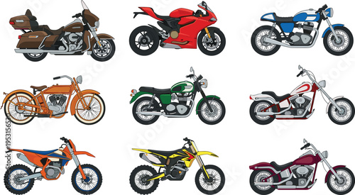 Motorcycle vector collection featuring cruiser, sportbike, dirt bike, chopper, and vintage motorbikes for transport, road trip, and lifestyle flat vector illustration (21 words)