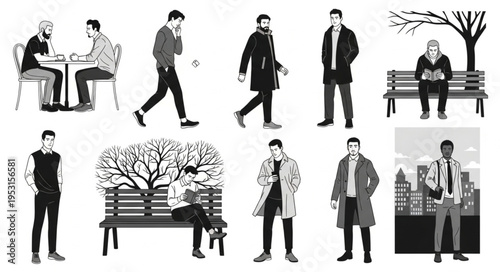 Men in various poses and outfits.