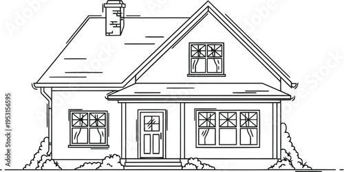 A simple two-story house with a pitched roof and basic architectural features