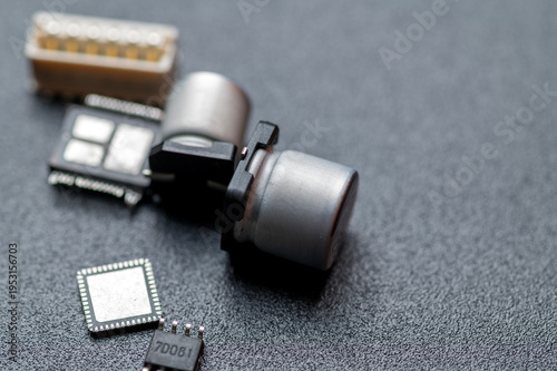 Close-Up of Electronic Sensors and Microchips on Textured Surface for Technology Hardware