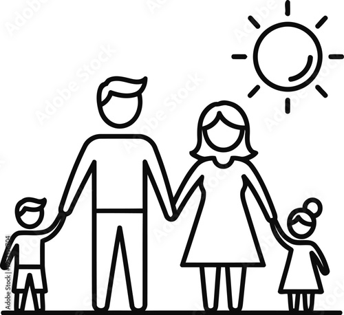 A happy family standing together under a bright sun.