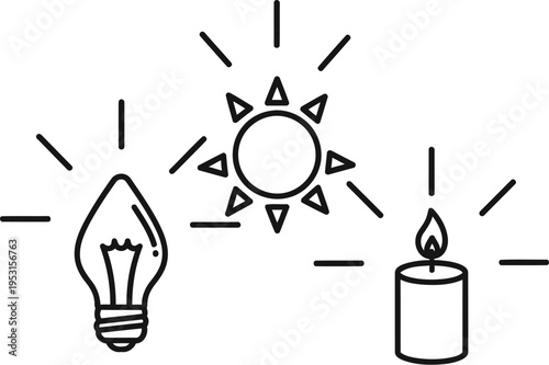 Illustration of three sources of light and inspiration radiating from a central sun.