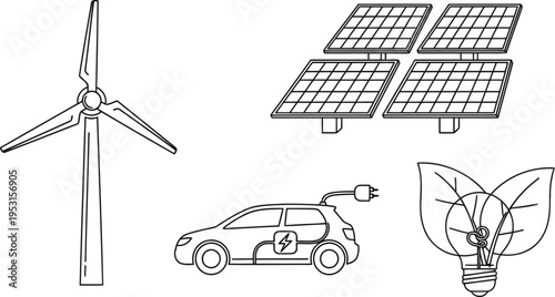 Renewable energy sources including wind, solar, hydro, and biomass power generation.