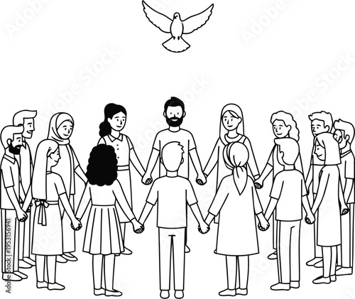 Modern minimalist illustration of diverse people embracing unity and collaboration