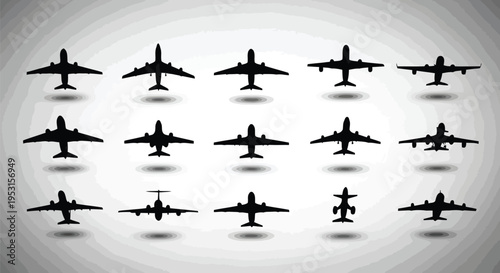 A collection of diverse aircraft silhouettes in monochromatic design