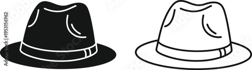 Fedora Hat Icons: Solid and Outline Style Set Vector