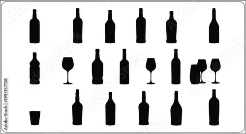 Assorted black silhouettes of wine bottles, glasses, and accessories on a plain background