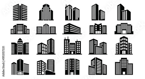 Collection of diverse architectural building designs in a stylized black and white illustration