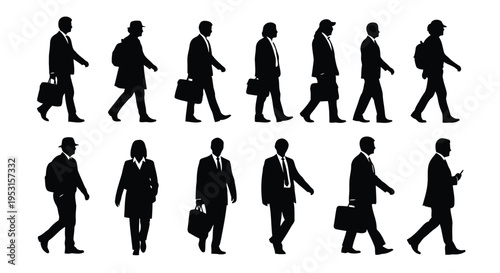 Diverse group of silhouetted professionals walking in various directions with luggage.