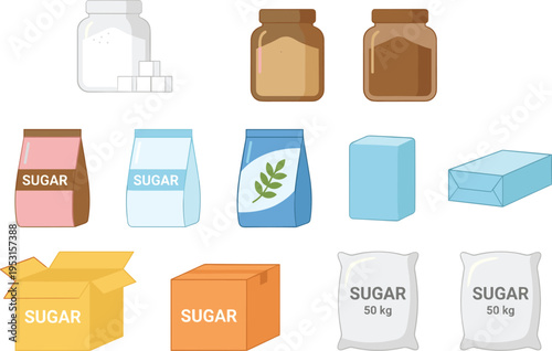 Sugar packaging collection with white and brown sugar jars, paper bags, cardboard boxes, and industrial sacks, isolated flat vector illustration (21 words)