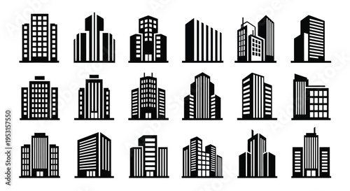 Collection of diverse architectural building silhouettes in monochrome style