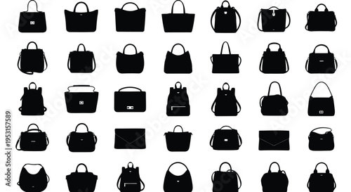 Diverse collection of stylish handbags in black and white silhouette designs