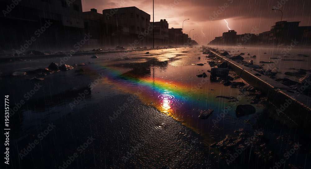 Naklejka premium Rainbow oil slick on wet road in ruined city street during rainstorm. Aftermath of geopolitical conflict and war. Broken buildings, debris and dark sky with lightning at night.