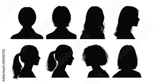 Diverse silhouettes of people showcasing various hairstyles and headwear