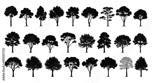 Diverse silhouettes of trees in various shapes and sizes against a plain background