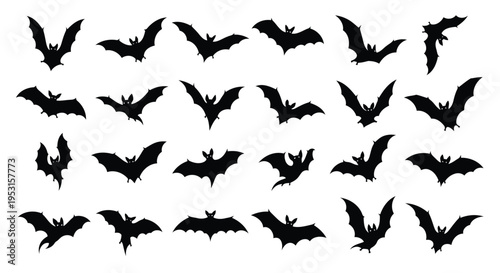Flying silhouettes of bats in a scattered formation across a light background