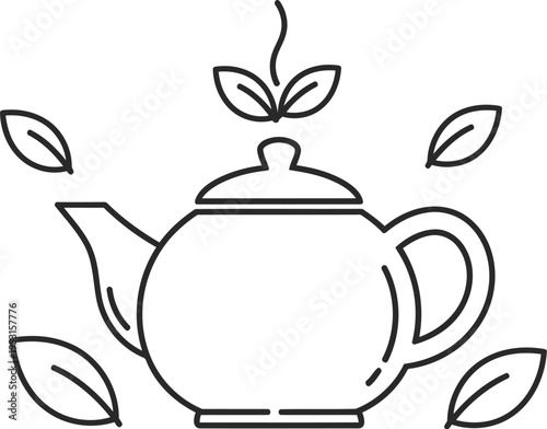 Elegant teapot with leaves and steam illustration for herbal tea theme