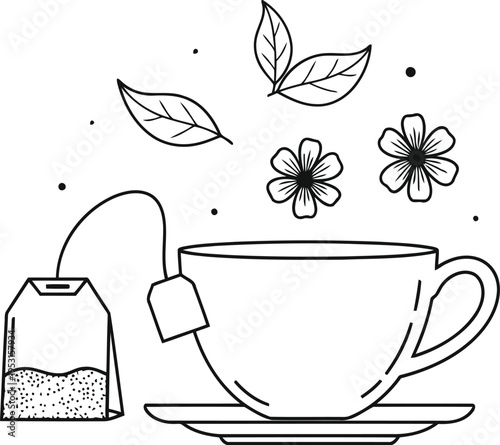 A whimsical illustration of a teacup pouring tea leaves into a cup with blooming flowers