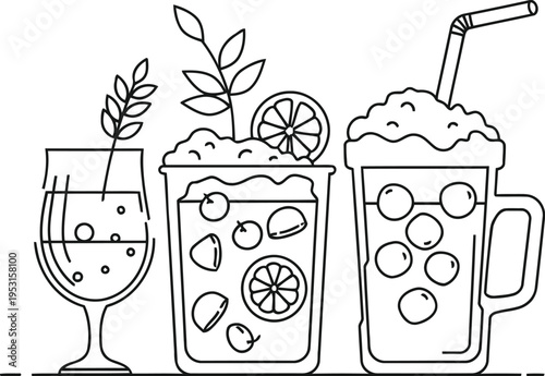 A stylized illustration of beverages and their preparation tools
