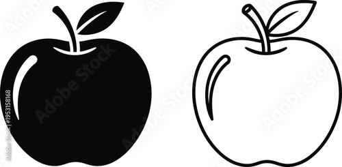 Apple Icons Set: Black Silhouette and Line Art Vector