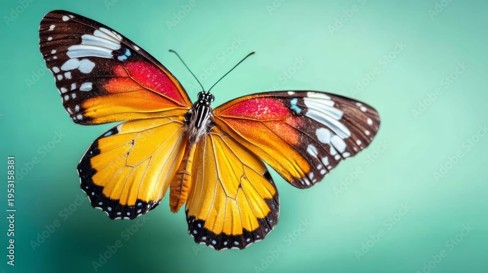 Obraz premium Butterfly in Flight Against a Bright Mint Green Background