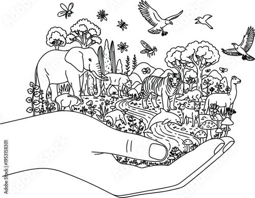 Whimsical gathering of birds and animals in a lush, dense forest clearing