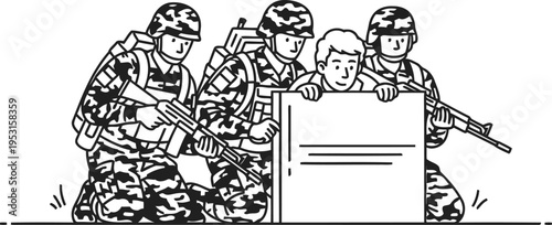 Vintage illustration of soldiers marching and holding a banner together