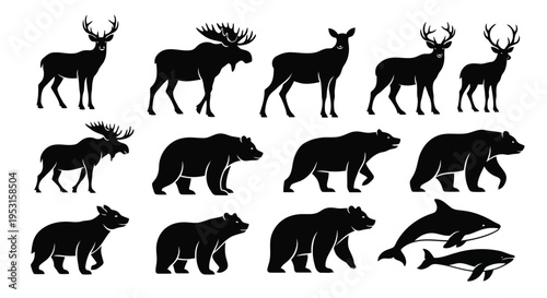 Black and white silhouettes of various deer and bear species in a forest theme