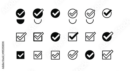 Collection of checkmark icons in various states and designs within circular frames