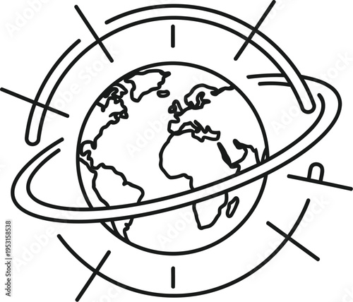 Illustration of earth orbiting within a network of satellite paths and signals