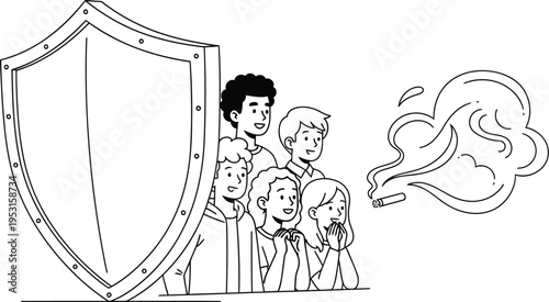 A child holding a shield and a speech bubble while standing near a cloud