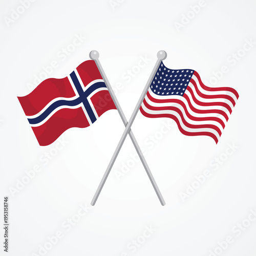 Crossed Norway and United States flags on silver poles representing bilateral relations and international diplomatic partnership