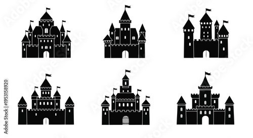 Six distinct silhouettes of whimsical castle designs with varied architectural features