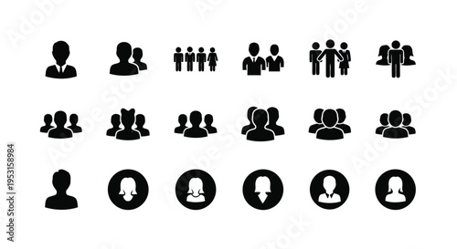 Assorted black and white icons depicting various group sizes and individual people silhouettes