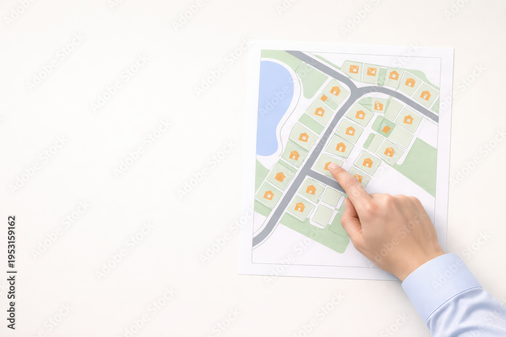 Naklejka premium Person pointing at residential area map with house and roads, planning neighborhood layout with green spaces and water body, concept of real estate or urban planning