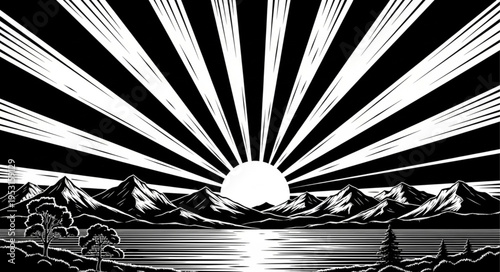 Sunrise over mountain lake scene.